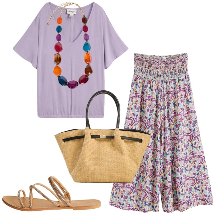 Outfit donna - Total look #2428699. Stile 70s per Tutti i giorni. Abbinamento con pantaloni a palazzo, shopping bag, t-shirt, sandali, collane.