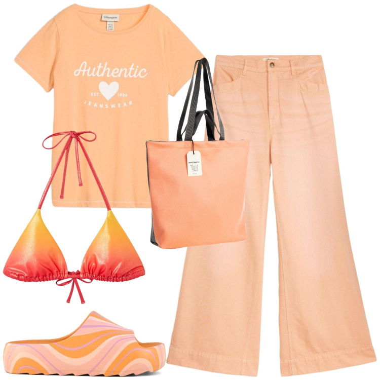 Outfit donna - Total look #2428702. Stile Trendy per Mare. Abbinamento con t-shirt, jeans, bikini, borse tote, ciabatte.