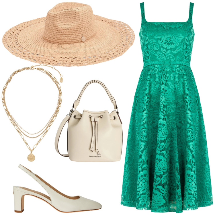Outfit donna - Total look #2428703. Stile Vintage retrò per Cerimonia. Abbinamento con borse a secchiello, vestiti midi/longuette, cappelli, ciondoli, décolleté.
