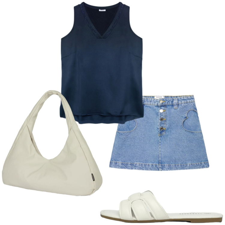 Outfit donna - Total look #2428704. Stile Casual per Tutti i giorni. Abbinamento con minigonne, ciabatte, top, borse a spalla.
