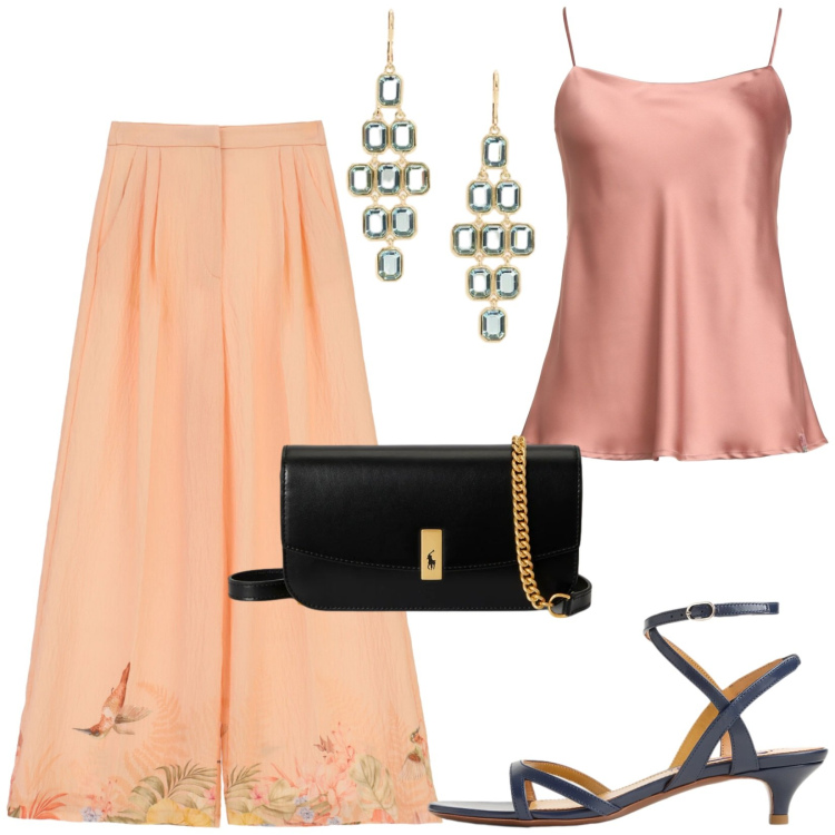 Outfit donna - Total look #2428705. Stile Chic per Serata fuori. Abbinamento con top, pantaloni a palazzo, clutch, sandali col tacco, orecchini.