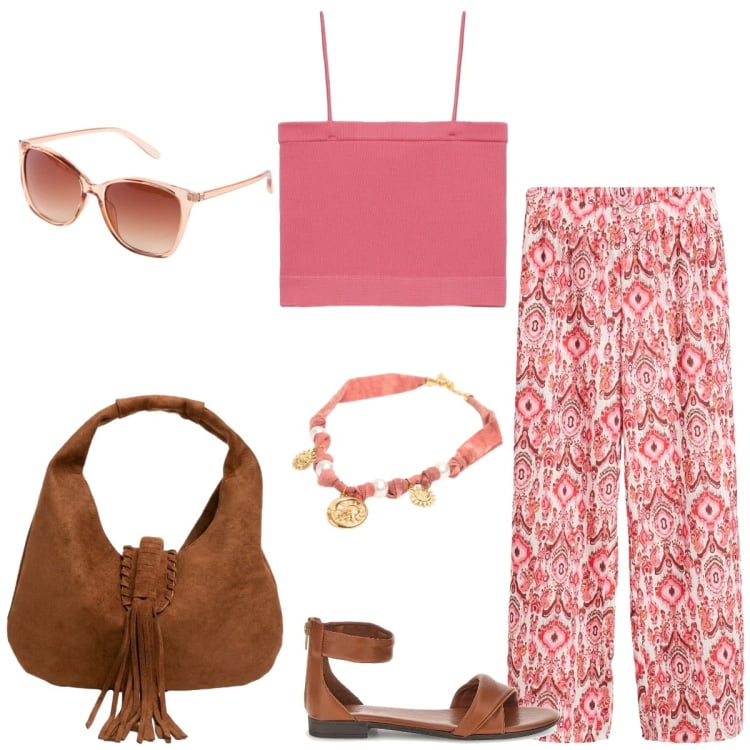 Outfit donna - Total look #2428710. Stile Etnico per Tutti i giorni. Abbinamento con occhiali da sole, pantaloni, top, borse a spalla, collane, sandali.