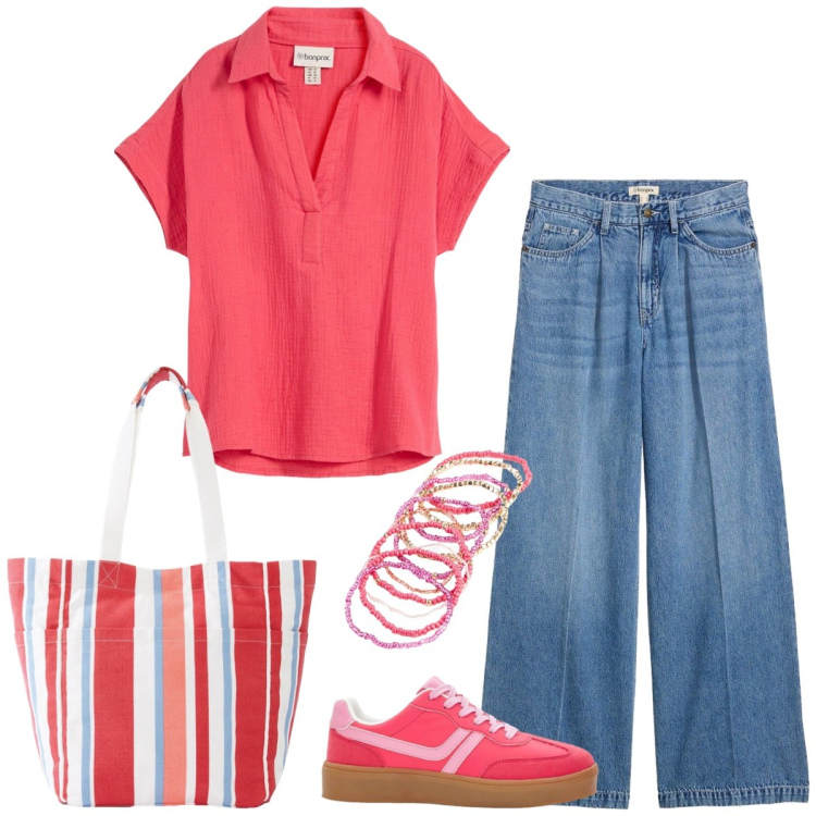 Outfit donna - Total look #2428712. Stile Casual per Tutti i giorni. Abbinamento con bluse, sneakers, shopping bag, jeans, braccialetti.