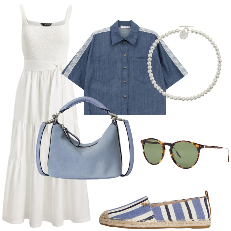 Outfit donna - Liberty. Stile Casual per Tutti i giorni. Abbinamento con camicie a manica corta, vestiti, collane, occhiali da sole, espadrillas, borse a spalla.