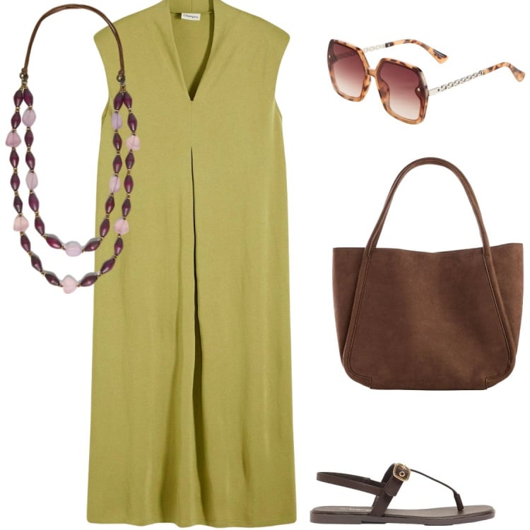 Outfit donna - Color lime in città. Stile Glamour per Tutti i giorni. Abbinamento con vestiti, sandali, shopping bag, occhiali da sole, collane.