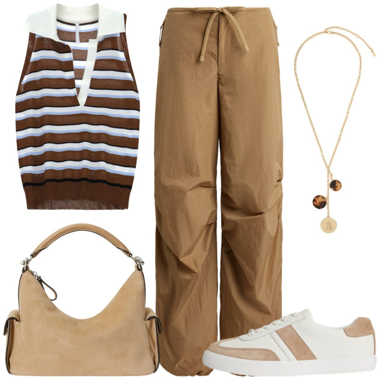 Outfit donna - Pranzo in agriturismo. Stile Casual chic per Tutti i giorni. Abbinamento con top, pantaloni, sneakers, borse a spalla, collane.