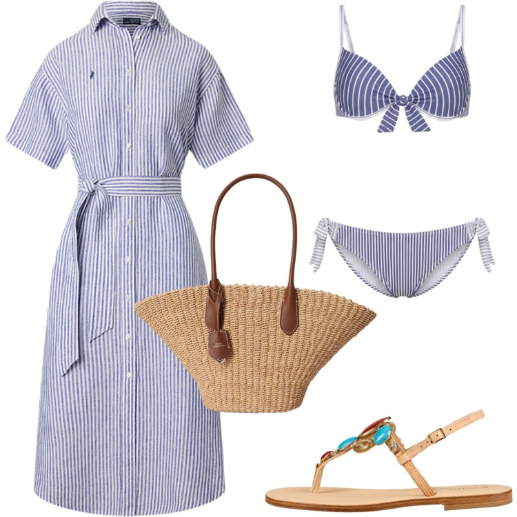 Outfit donna - Casa sul mare. Stile Minimal per Tutti i giorni. Abbinamento con infradito, bikini, vestiti chemisier, borse tote.