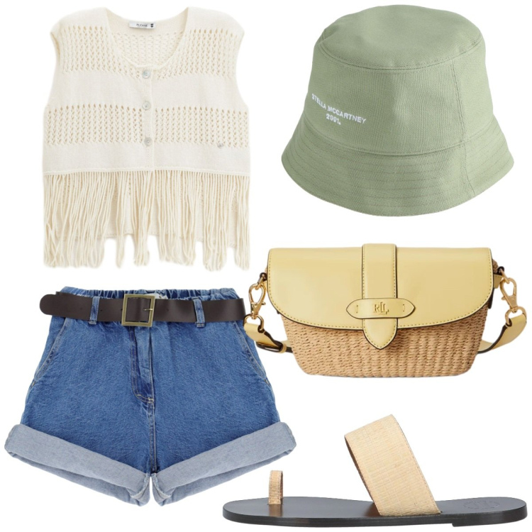 Outfit donna - Weekend con amici. Stile Casual chic per Tutti i giorni. Abbinamento con cappelli, ciabatte, top, shorts, borse a tracolla.