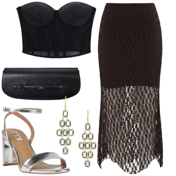 Outfit donna - Serata con lui. Stile Sexy per Tutti i giorni. Abbinamento con sandali in pelle, clutch, orecchini, gonne longuette, top.