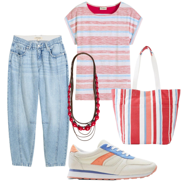 Outfit donna - Total look #2428725. Stile Basic per Scuola/Università. look ideale per Petite. Abbinamento con jeans, shopping bag, sneakers, t-shirt, collane.