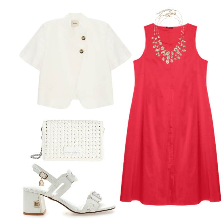 Outfit donna - L\'energia del colore in un abito. Stile Bon Ton per Serata fuori. Abbinamento con borse a tracolla, vestiti midi/longuette, blazer, collane, sandali col tacco.