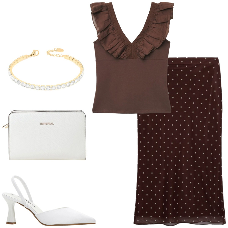Outfit donna - Total look #2428728. Stile Bon Ton per Tutti i giorni. Abbinamento con décolleté, top, gonne lunghe, borse a tracolla, braccialetti.