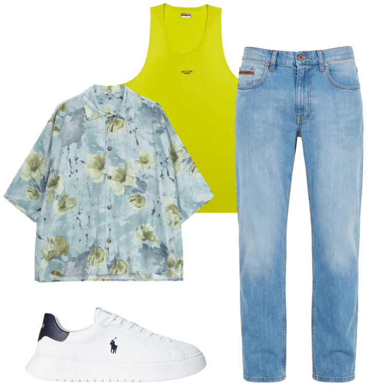 Outfit uomo - Total look #2428730. Stile Trendy per Tutti i giorni. Abbinamento con jeans, canottiere, sneakers, camicie a manica corta.