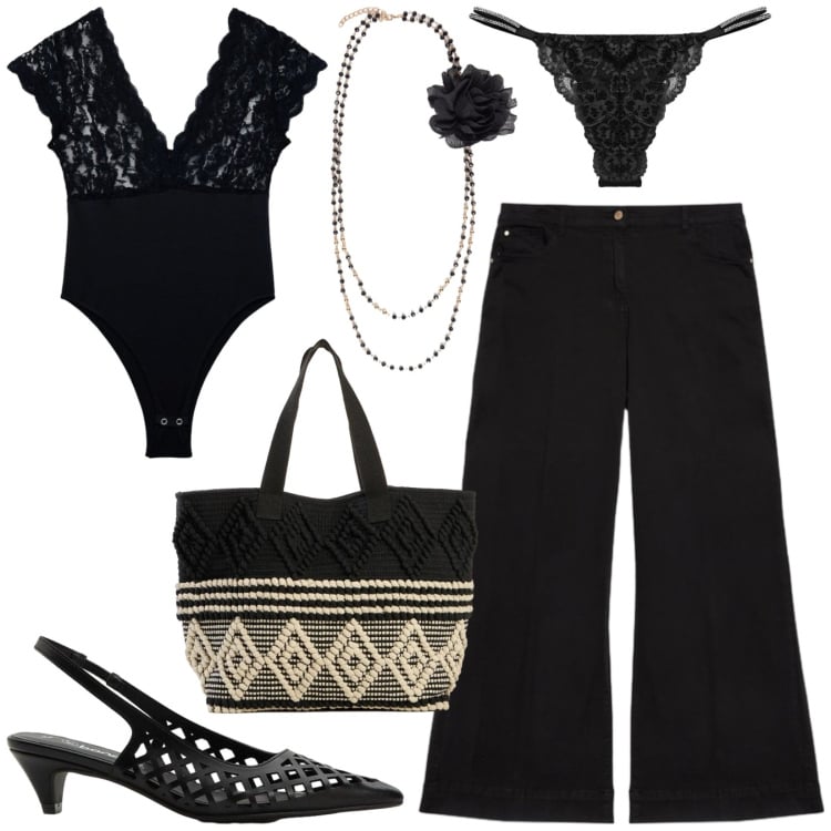 Outfit donna - Total look #2428732. Stile Sexy per Serata fuori. Abbinamento con shopping bag, décolleté, top, perizomi, pantaloni, collane.
