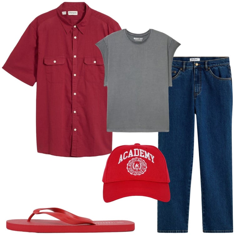 Outfit uomo - Total look #2428735. Stile Trendy per Tutti i giorni. Abbinamento con jeans dritti, camicie a manica corta, cappelli, sandali, canottiere.