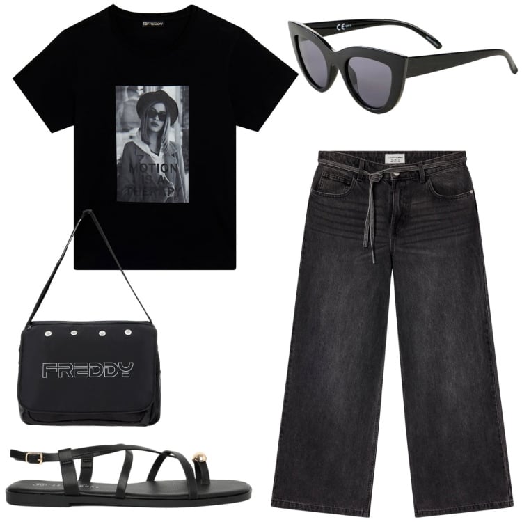 Outfit donna - Total look #2428737. Stile Urban per Tutti i giorni. Abbinamento con occhiali da sole, jeans, sandali, t-shirt, borse messenger.