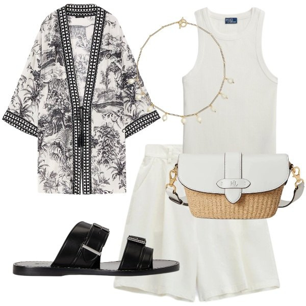 Outfit donna - Hot or cool. Stile Boho per Tutti i giorni. Abbinamento con bermuda, caftani, borse a spalla, canottiere, sandali in pelle, collane.