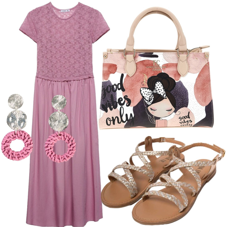 Outfit donna - Energia estiva. Stile Glamour per Tutti i giorni. Abbinamento con orecchini, vestiti lunghi, sandali in pelle, borse a mano.