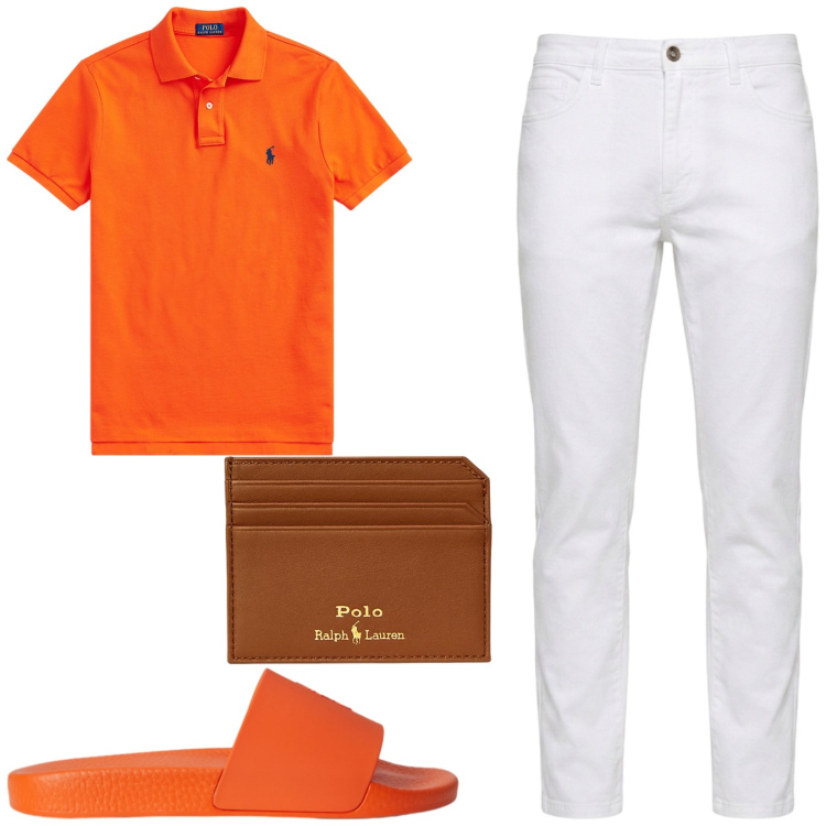 Outfit uomo - Total look #2428747. Stile Trendy per Mare. Abbinamento con jeans, polo, portafogli, sandali.
