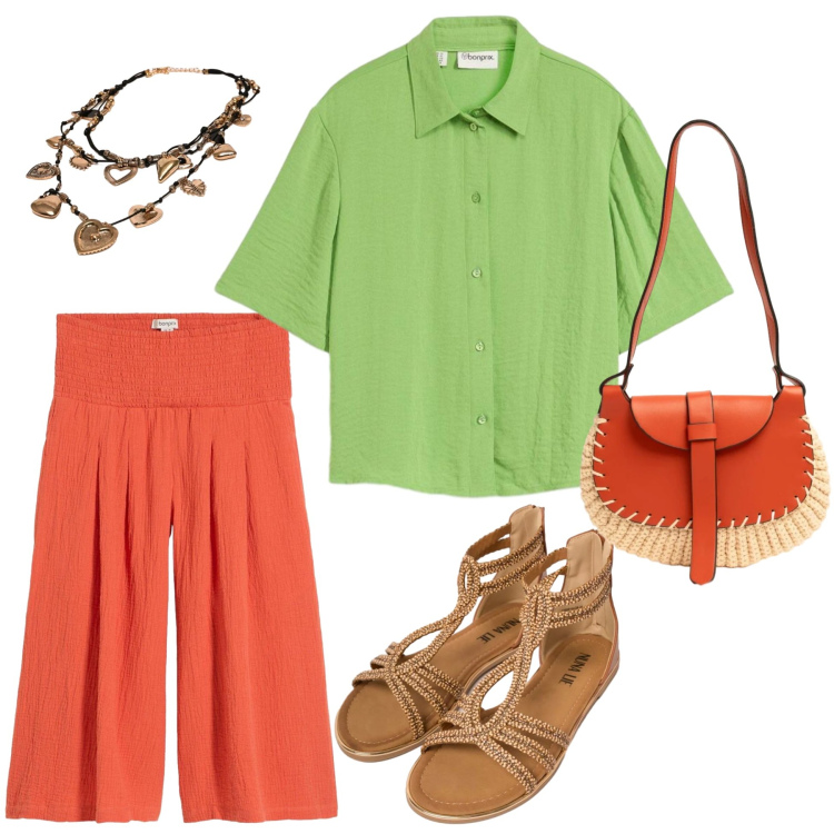 Outfit donna - Colori vitaminici in saldo. Stile Basic per Tutti i giorni. Abbinamento con pantaloni, tunica blu, sandali in pelle, borse a tracolla, collane.