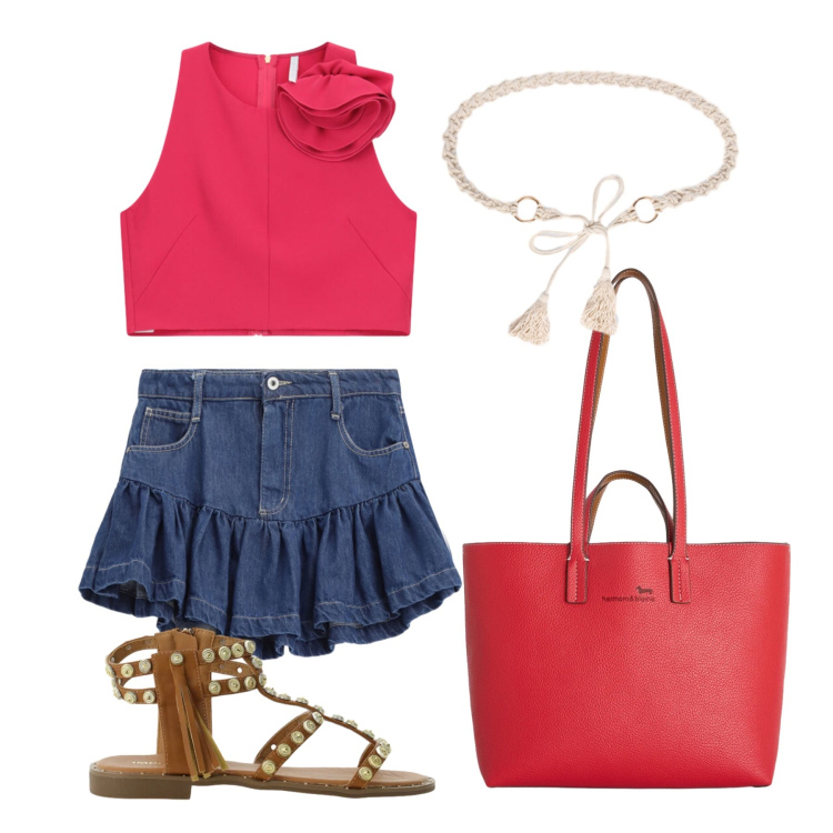 Outfit donna - Luglio. Stile Romantica per Tutti i giorni. Abbinamento con shopping bag, cinture, minigonne, top, sandali.