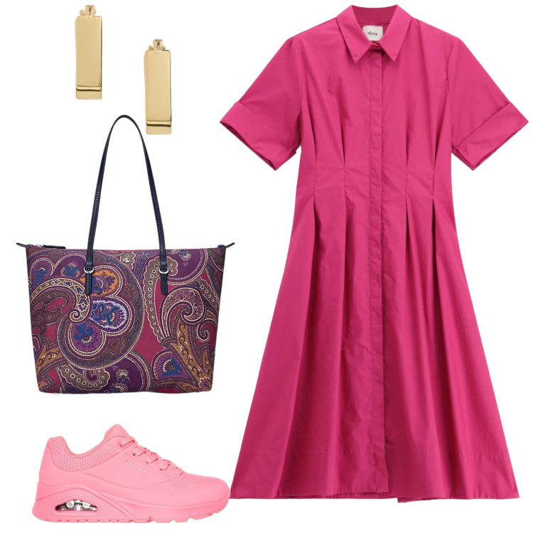 Outfit donna - Watermelon pink. Stile Casual per Tutti i giorni. Abbinamento con vestiti midi/longuette, borse tote, orecchini, sneakers.