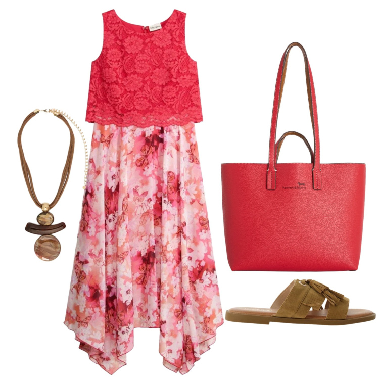 Outfit donna - Luglio. Stile Trendy per Tutti i giorni. Abbinamento con vestiti, shopping bag, ciondoli, sandali.