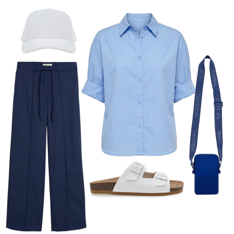Outfit donna - Look fresco e originale con i saldi. Stile Mannish per Tutti i giorni. Abbinamento con pantaloni, cappelli con visiera, camicie a manica corta, ciabatte, borse a tracolla.