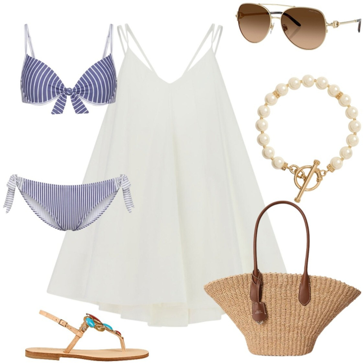Outfit donna - Giornata in spiaggia. Stile Minimal per Mare. Abbinamento con infradito, bikini, vestiti corti, collane, occhiali da sole, borse tote.