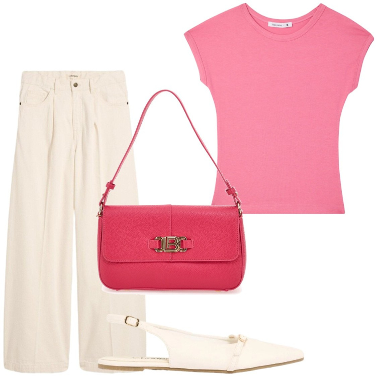 Outfit donna - In ufficio. Stile Chic per Ufficio. Abbinamento con jeans, ballerine, t-shirt, borse a spalla.