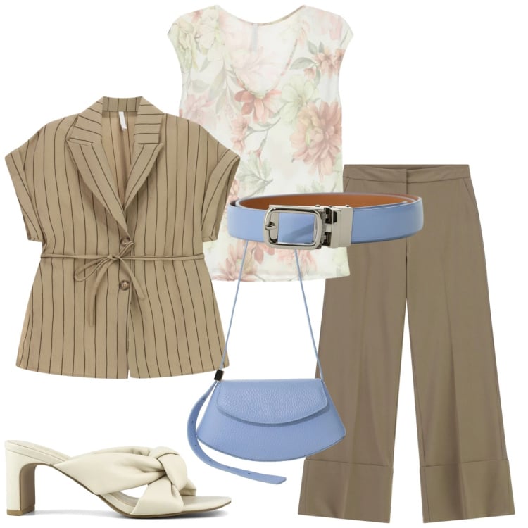 Outfit donna - Total look #2428767. Stile Glamour per Ufficio. Abbinamento con pantaloni a palazzo, cinture, borse a spalla, blazer, top, sandali col tacco.