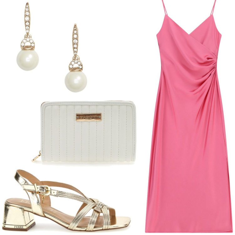 Outfit donna - Eventi estivi # Imperial. Stile Chic per Serata fuori. Abbinamento con vestiti midi/longuette, orecchini, sandali in pelle, portafogli.