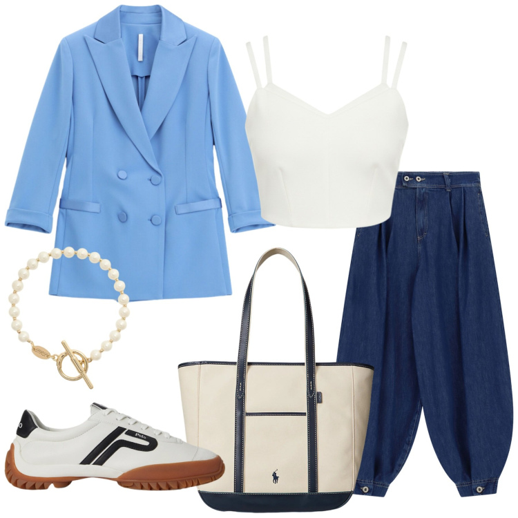 Outfit donna - Total look #2428769. Stile Casual per Ufficio. Abbinamento con top, jeans, blazer, sneakers, borse tote, braccialetti.