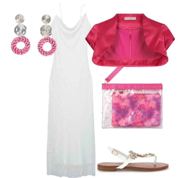 Outfit donna - Appuntamento serale. Stile Glamour per Serata fuori. Abbinamento con orecchini, pochette, vestiti lunghi, bolero, sandali gioiello.