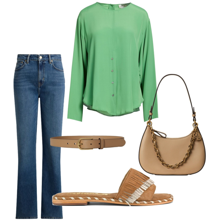 Outfit donna - Total look #2428771. Stile Basic per Tutti i giorni. Abbinamento con camicie, jeans dritti, borse a spalla, cinture, ciabatte.