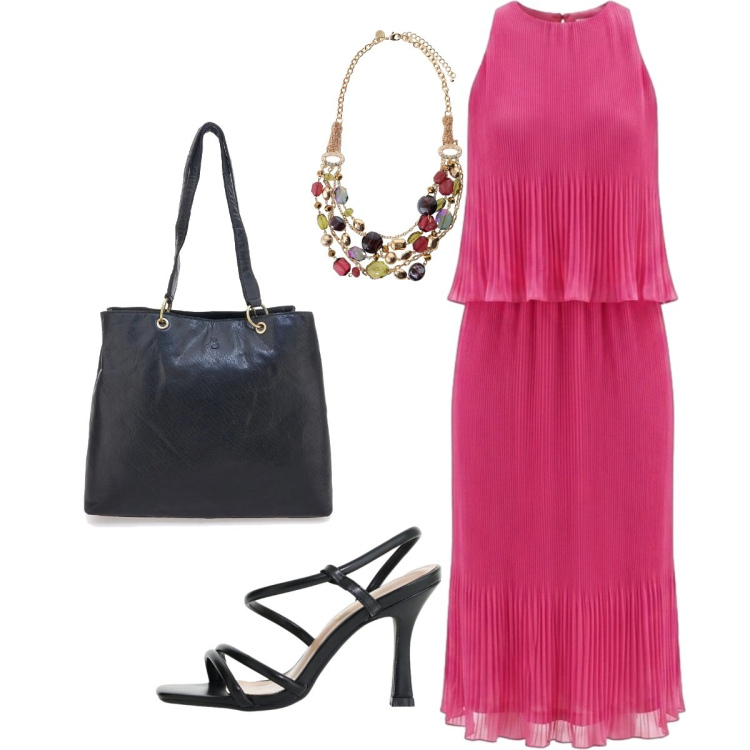 Outfit donna - L’abito stile anni 20. Stile Glamour per Serata fuori. Abbinamento con collane, vestiti midi/longuette, sandali col tacco, shopping bag.