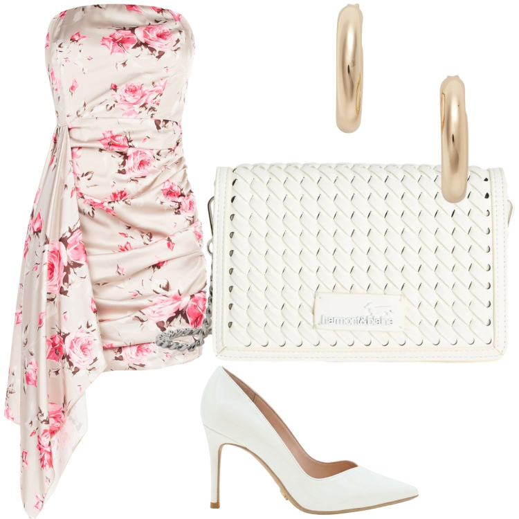Outfit donna - Drappeggio rosa. Stile Chic per Serata fuori. Abbinamento con borse a tracolla, orecchini, vestiti corti, décolleté.
