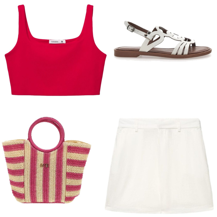 Outfit donna - Aperitivo in spiaggia. Stile Glamour per Tutti i giorni. Abbinamento con shorts, canottiere, sandali, borse a mano.