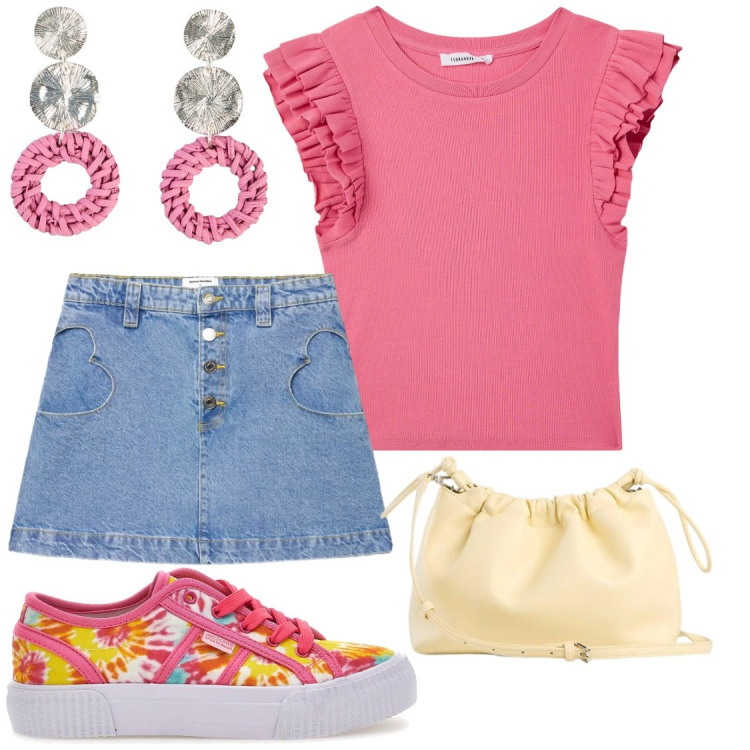 Outfit donna - Pomeriggi estivi. Stile Casual chic per Tutti i giorni. Abbinamento con borse a tracolla, orecchini, t-shirt, minigonne, sneakers.