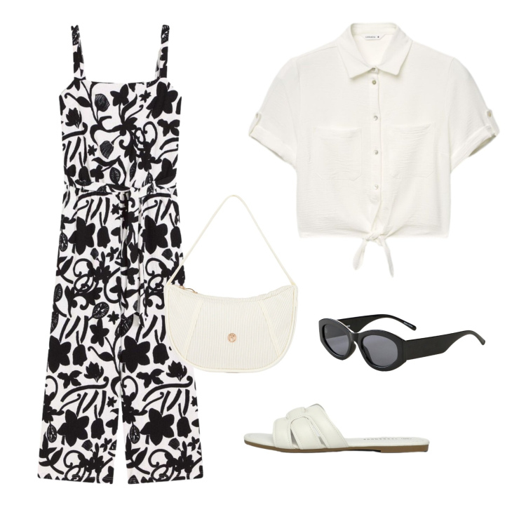 Outfit donna - Casual Chic in Contrasto. Stile Casual chic per Serata fuori. Abbinamento con tute, occhiali da sole, camicie a manica corta, ciabatte, borse a mano.