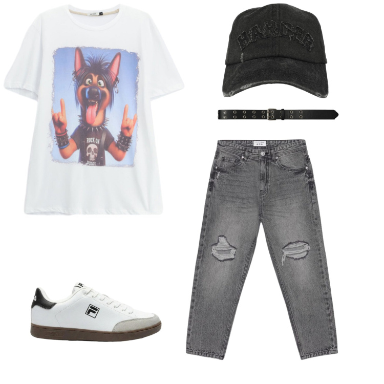 Outfit uomo - Al lupo...al lupo !. Stile Urban per Tutti i giorni. Abbinamento con sneakers, jeans strappati, cinture, cappelli con visiera, t-shirt.