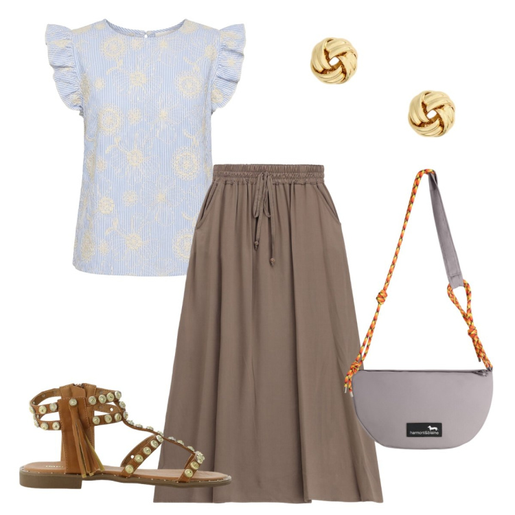 Outfit donna - Semplice. Stile Basic per Tutti i giorni. Abbinamento con borse a tracolla, orecchini, top, gonne lunghe, sandali.