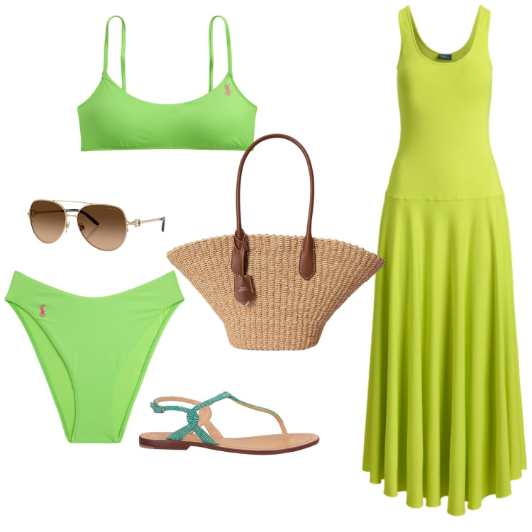 Outfit donna - Lime escape. Stile Minimal per Mare. Abbinamento con infradito, vestiti, occhiali da sole, borse tote, bikini, bikini.