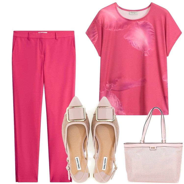 Outfit donna - Watermelon per ufficio. Stile Chic per Ufficio. Abbinamento con t-shirt, pantaloni, sandali, borse a spalla.