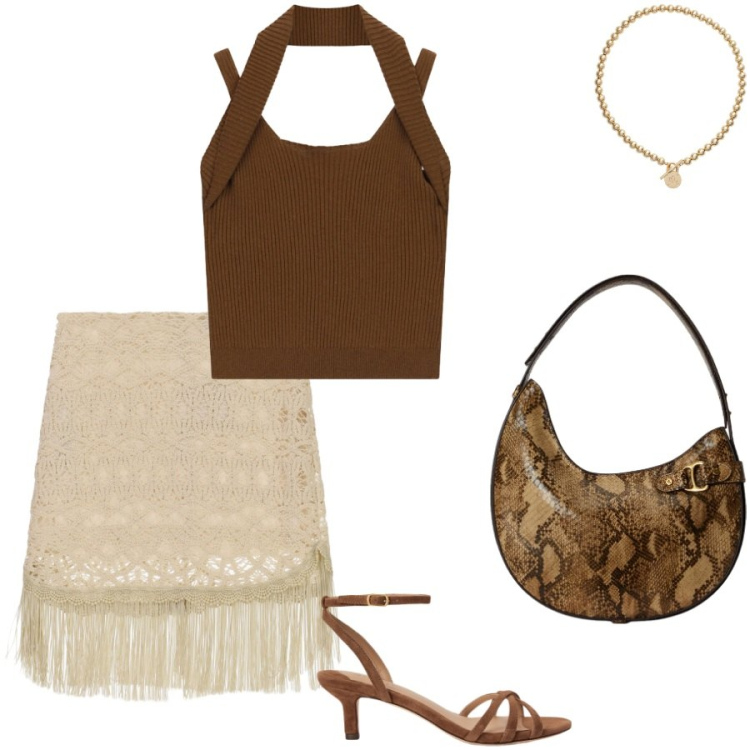 Outfit donna - Total look #2428789. Stile Chic per Serata fuori. Abbinamento con top, minigonne, collane, sandali col tacco, borse a spalla.