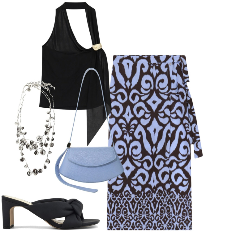 Outfit donna - Summer sale style. Stile Casual chic per Mare. Abbinamento con borse a spalla, collane, top, gonne longuette, sandali col tacco.