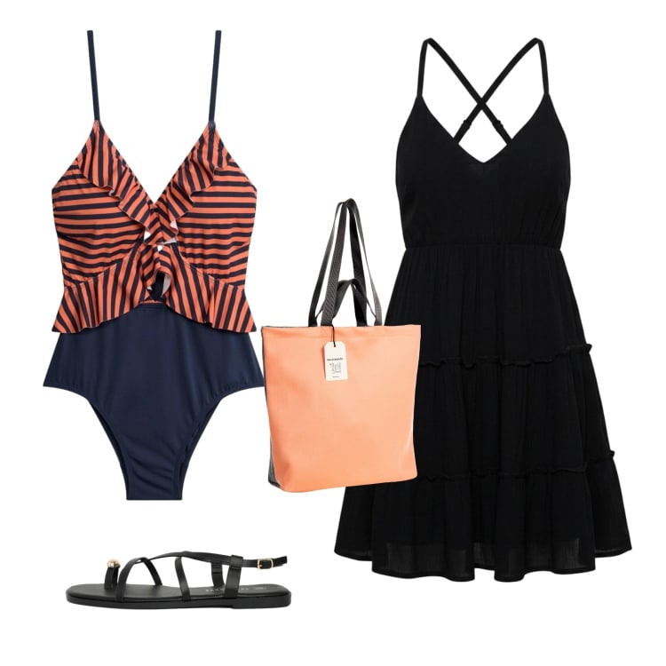Outfit donna - Aperitivo sul Mare. Stile Minimal per Mare. Abbinamento con costumi interi, sandali, vestiti corti, borse tote.