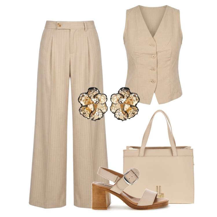 Outfit donna - Fresca monocromia. Stile Glamour per Tutti i giorni. Abbinamento con orecchini, pantaloni a palazzo, gilet, canottiere, sandali col tacco, borse a tracolla.