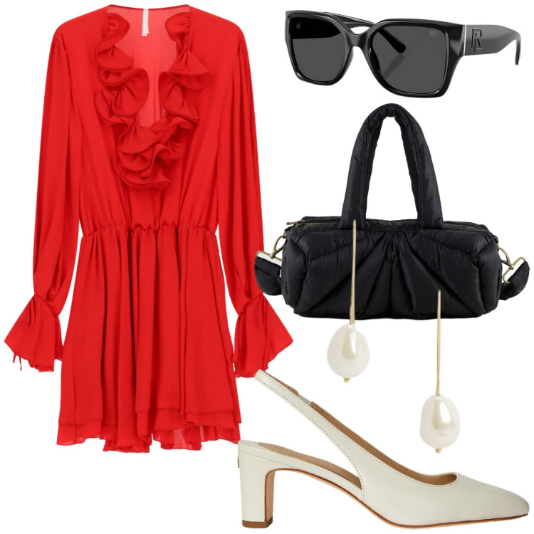 Outfit donna - Summer Sale Style. Stile Trendy per Serata fuori. Abbinamento con vestiti corti, occhiali da sole, décolleté, orecchini, borse a mano.