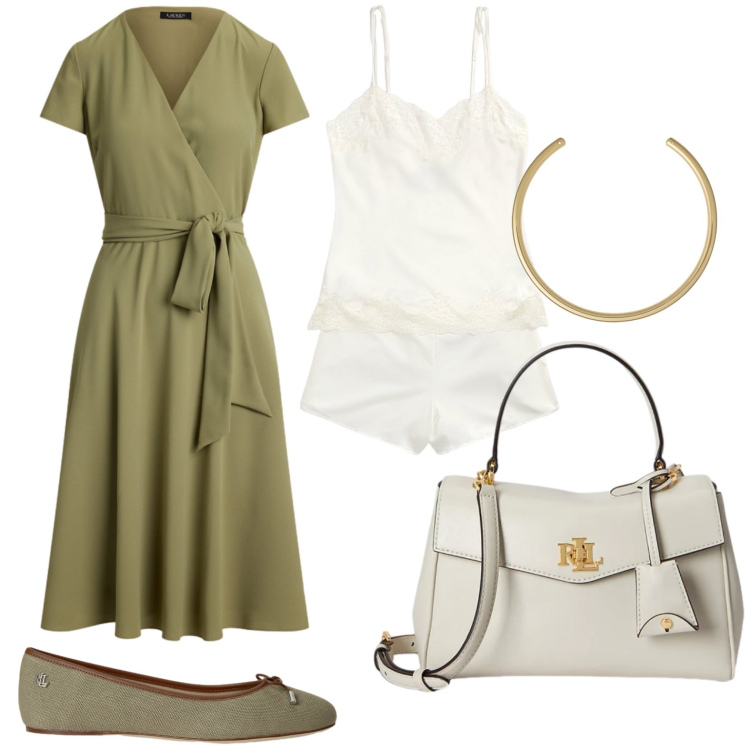 Outfit donna - Summer Sale Style. Stile Basic per Ufficio. Abbinamento con vestiti, pigiama, collane, ballerine, borse a mano.